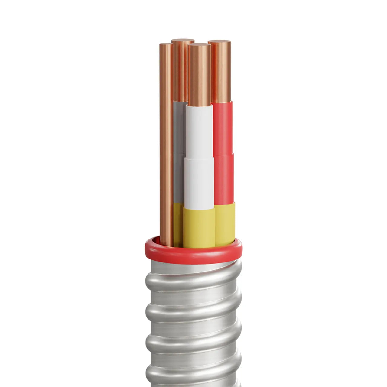 Close-up of Go Build’s 14/3 100 ft. Armoured Cable MC showing copper wires with red, white, and yellow insulation inside metallic tubing for commercial branch circuit wiring. The Fastest Way To Build.