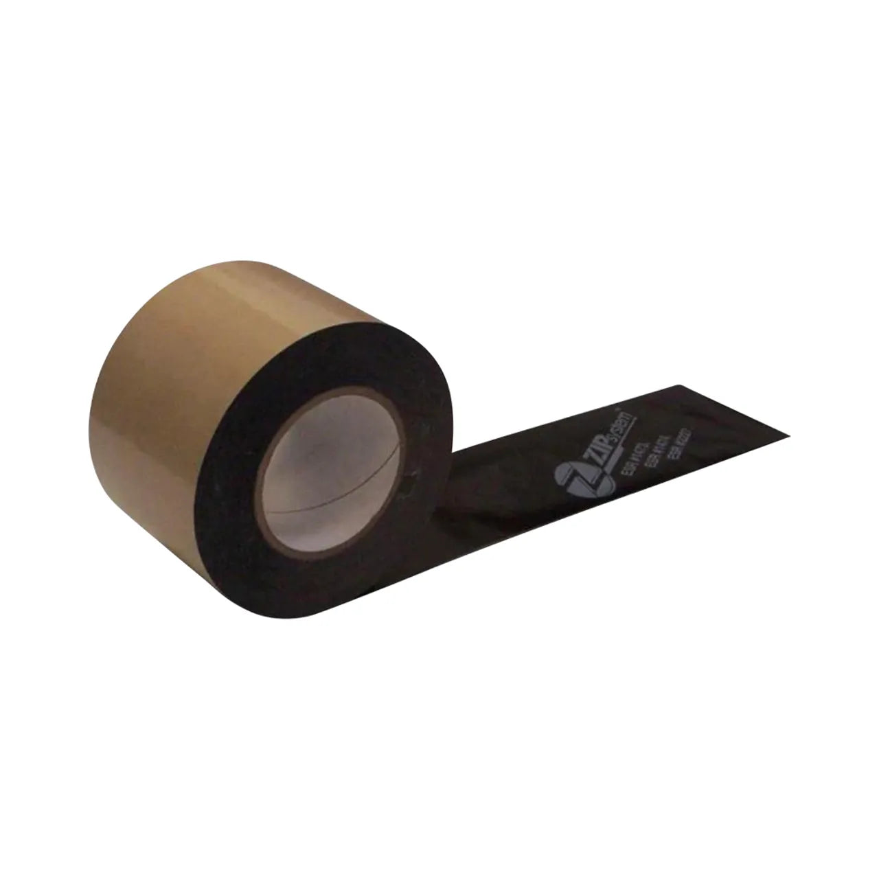 A partially unrolled roll of Go Build 3-3/4 in. x 90 ft. ZIP System Flashing Tape, with a brown exterior and sticky black side, acts as a water-resistant barrier and is shown on a white background.