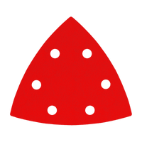 The Diablo DCT334ASTH12G Oscillating Triangle Detail Sanding Sheet Set includes red triangular sheets, crafted with a premium ceramic blend and features six evenly spaced circular holes.