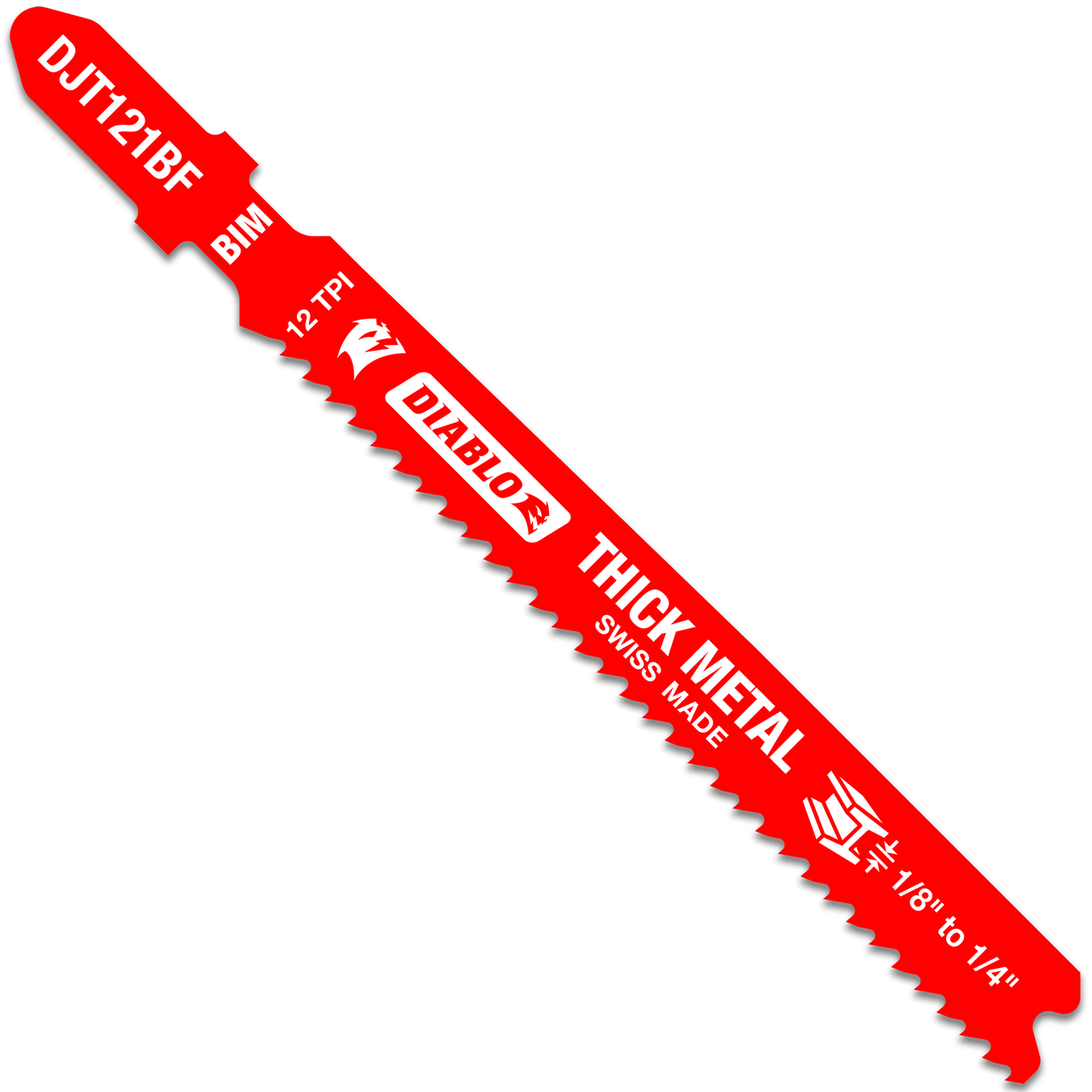 The Diablo DJT121BF5 3-3/8 in. 12TPI Bi-Metal Jig Saw Blade for thick metal features a red blade, bi-metal teeth, and specifications like BIM, covering measurements from 1/8 to 1/4, offering Swiss Made precision.