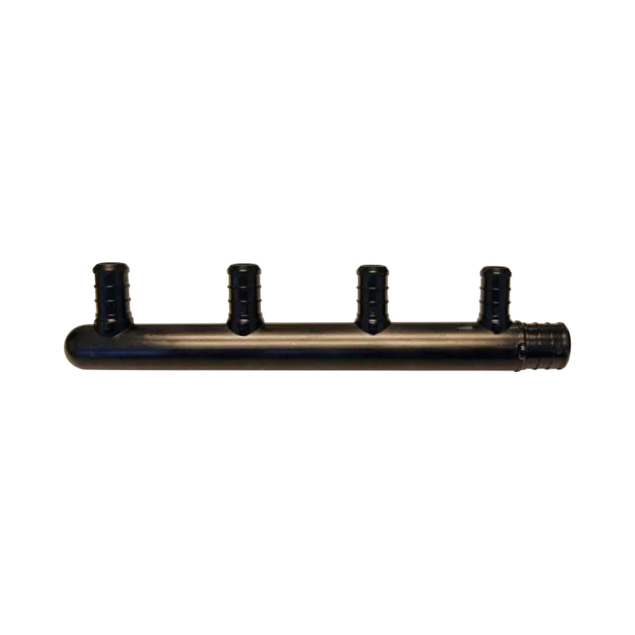 A black Go Build 3/4 in. Barb Inlets x 1/2 in. Barb Ports 4-Port PEX Closed Plastic Manifold features four upward-facing barbed connectors and one horizontal connector, designed for PEX pipe systems, on a white background.