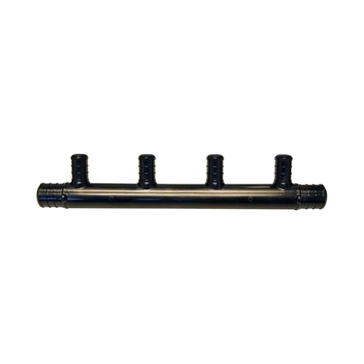 The Go Build 3/4 in. Barb Inlets x 1/2 in. Barb Ports 4-Port PEX Open Plastic Manifold features four upward-facing barbed connectors and two barbed ends for hose attachment, shown isolated on a white background.