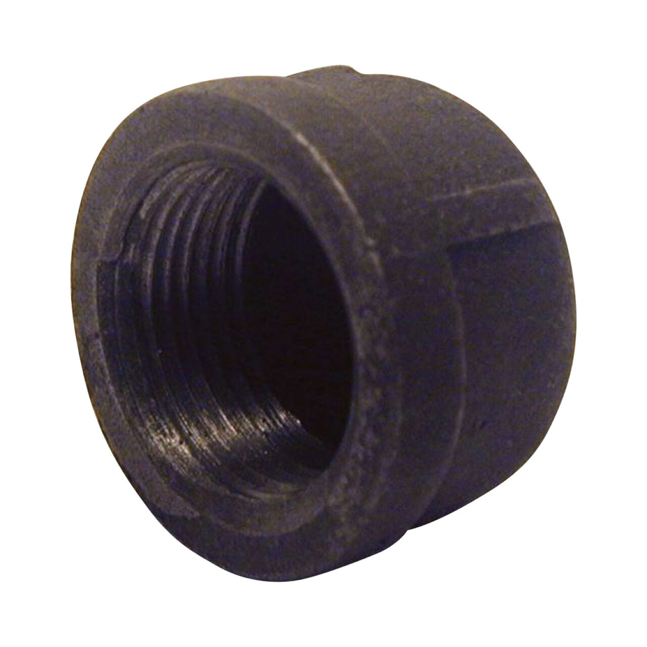 A 3/4 in. Black Malleable Iron Cap by Go Build, The Fastest Way To Build, shown close-up against a white background with internal threads and a textured exterior for use with malleable iron fittings.
