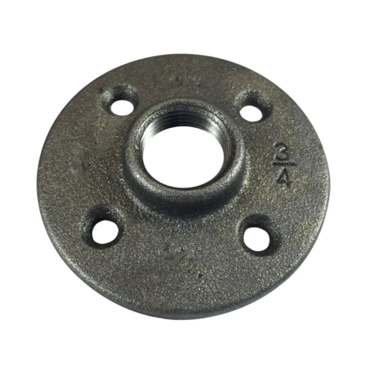 The Go Build 3/4 in. Black Malleable Iron Floor Flange (2/Pack) features a round, textured design with four screw holes and a threaded center opening, ideal for secure pipe connections.