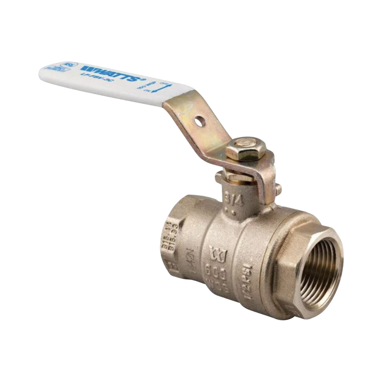 A Go Build 3/4 in. Brass FIP x FIP Full Port Threaded Ball Valve, with a white and blue lever handle and threaded female ends, is shown against a plain white background.