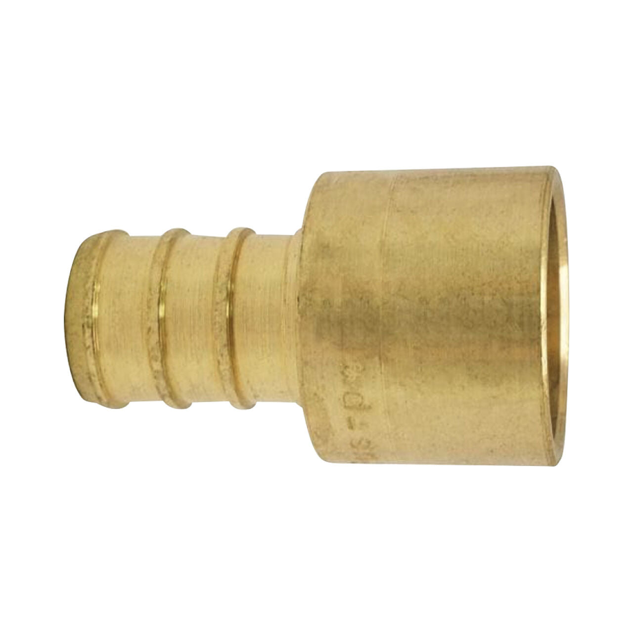 The Go Build 3/4 in. Brass PEX Barb x Female Copper Sweat Adapter features a barbed end and a female copper sweat end, perfect for connecting pipes or hoses in PEX plumbing systems.