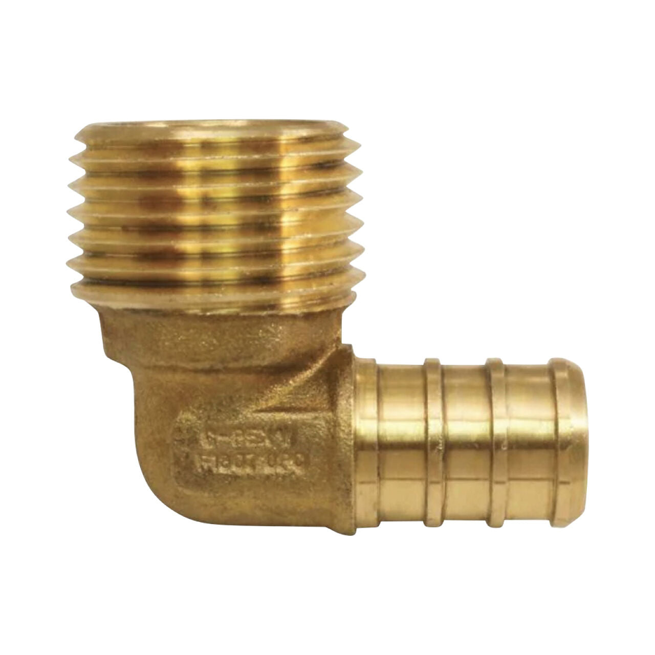The Go Build 3/4 in. Brass PEX Barb x MPT Adapter 90-Degree Elbow has a male-threaded end and a barbed end, ideal for connecting flexible tubing to threaded or PEX plumbing systems.