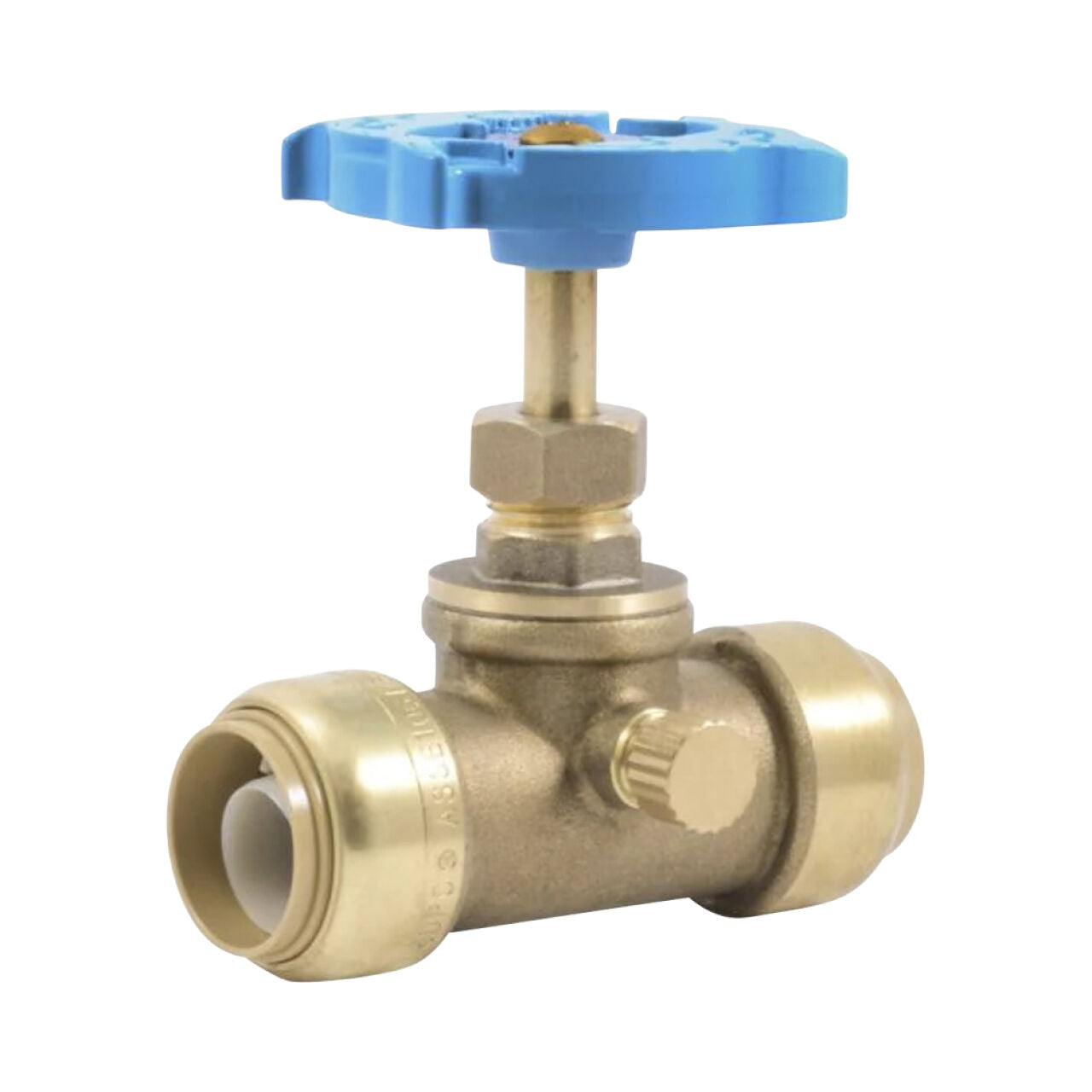 The Go Build 3/4 in. Push-to-Connect Brass Stop Valve with Drain features lead-free brass, a blue handle, and push-fit connections for easy water flow control in plumbing systems. The valve is shown isolated on a white background.