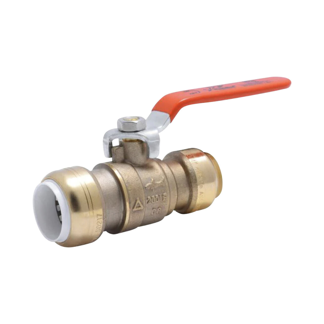 Go Build 3/4 in. Push-to-Connect PVC IPS x 3/4 in. CTS Brass Ball Valve features a red lever handle for easy flow control, ideal for plumbing systems; from Go Build, The Fastest Way To Build.