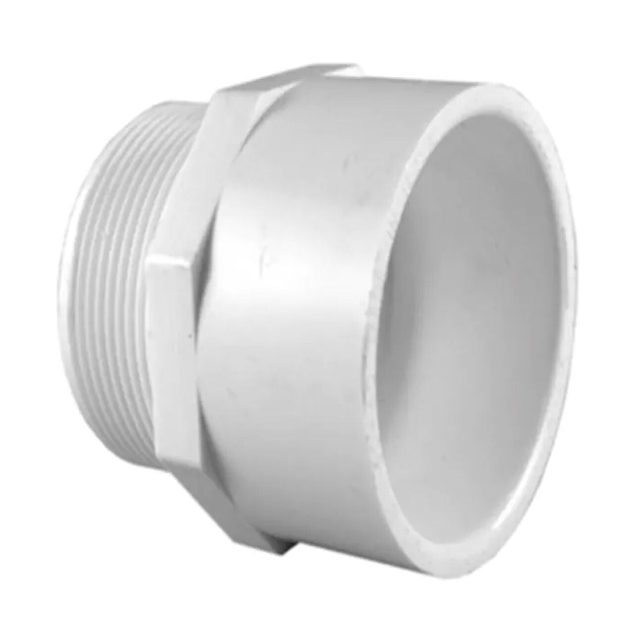 The Go Build 3/4 in. Schedule 40 PVC Adapter S x MPT (35/Pack) features a white PVC body with a slip socket and male pipe threads, ideal for plumbing and potable water uses.