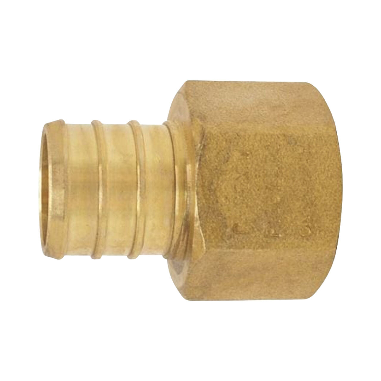 The Go Build 3/4 in. x 1/2 in. Brass PEX Barb x FPT Adapter features a hex nut and ribbed barb, perfect for PEX systems, and is lead-free—shown on a white background.