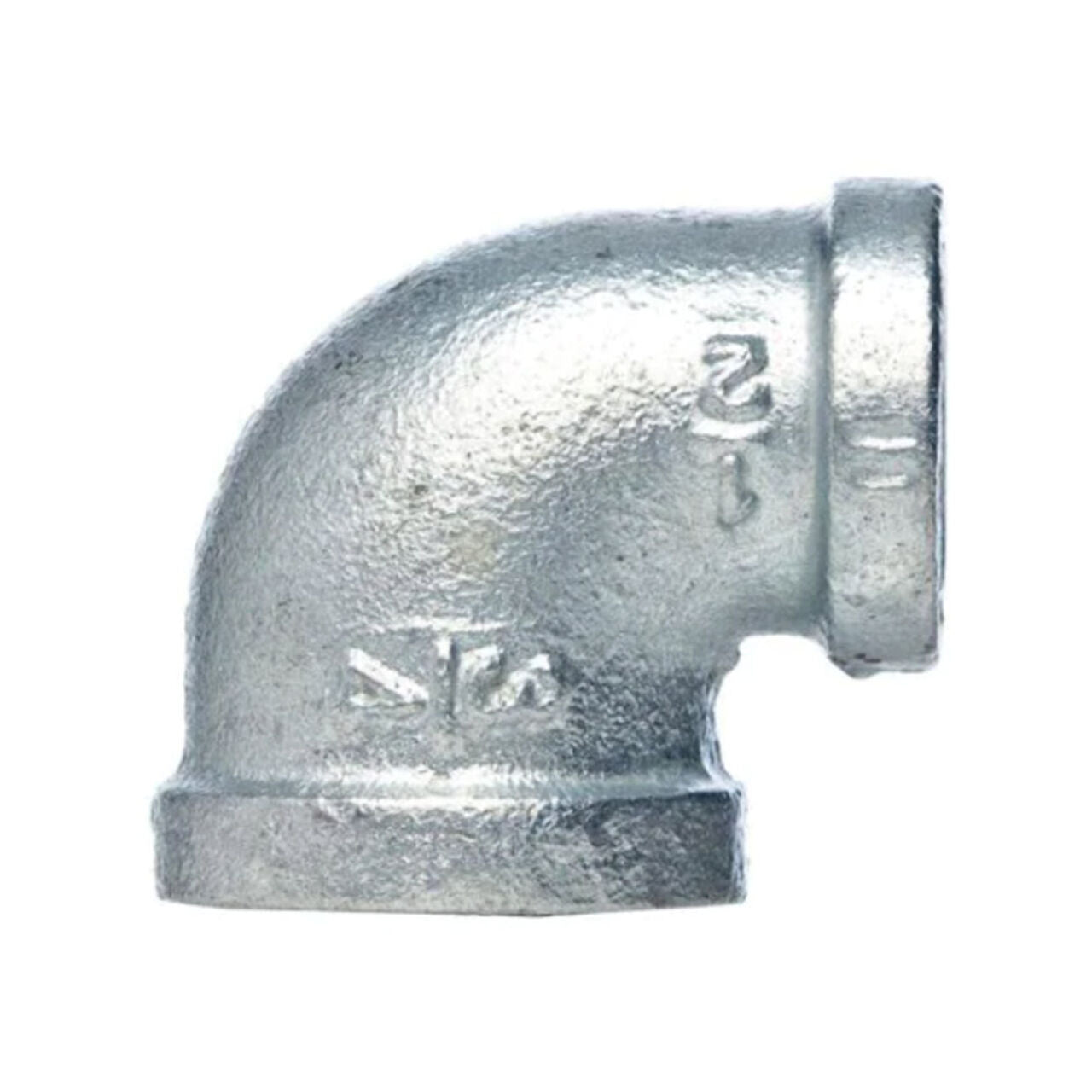 The Go Build 3/4 in. x 1/2 in. Galvanized Malleable Iron 90 FPT x FPT Reducing Elbow features embossed markings and is shown isolated on a white background.
