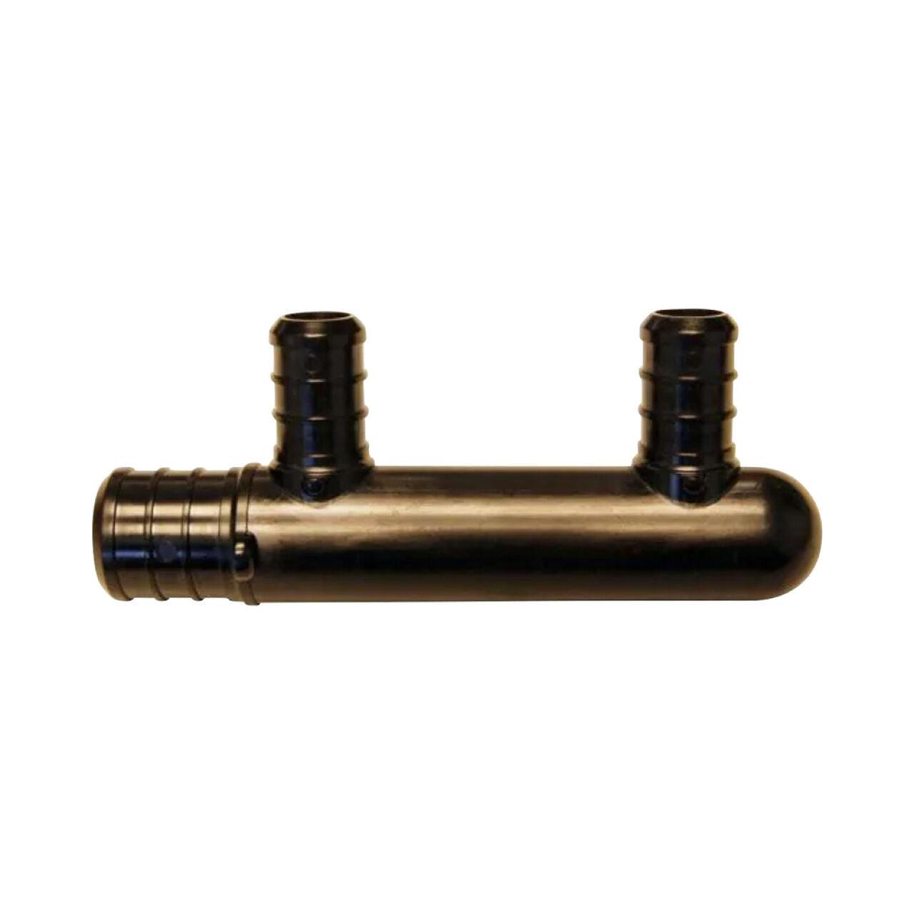 The Go Build 3/4 in. x 1/2 in. Poly Alloy PEX Barb 2-Port Closed Manifold is a black plastic connector for PEX systems with two vertical and one horizontal ribbed ports, shown isolated on a white background.
