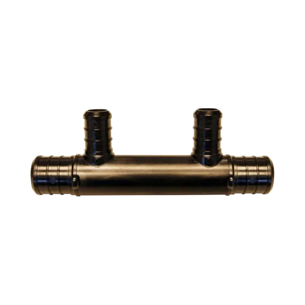 The Go Build 3/4 in. x 1/2 in. Poly Alloy PEX Barb 2-Port Open Manifold features a black plastic horizontal body with two vertical hose connectors, shown on a white background. Brand: The Fastest Way To Build.
