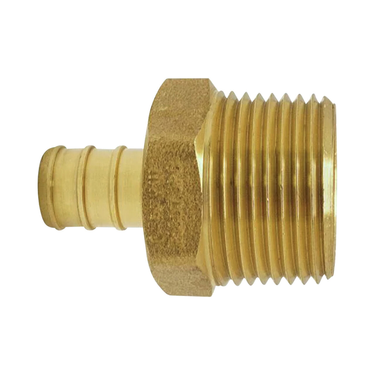 The Go Build 3/4 in. x 1 in. Brass PEX Barb x MPT Reducing Adapter features a ribbed barb for hose attachment and a threaded male end for PEX systems, shown on a white background.