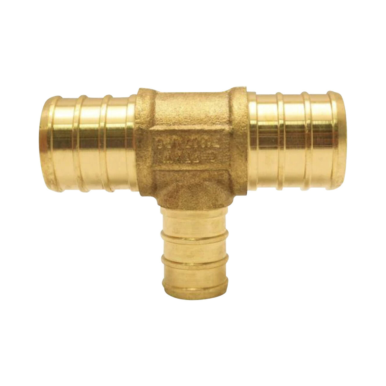 The Go Build 3/4 in. x 3/4 in. x 1/2 in. Brass PEX Barb Reducing Tee is a T-shaped fitting with barbed ends, perfect for connecting PEX pipes in plumbing systems; from The Fastest Way To Build.