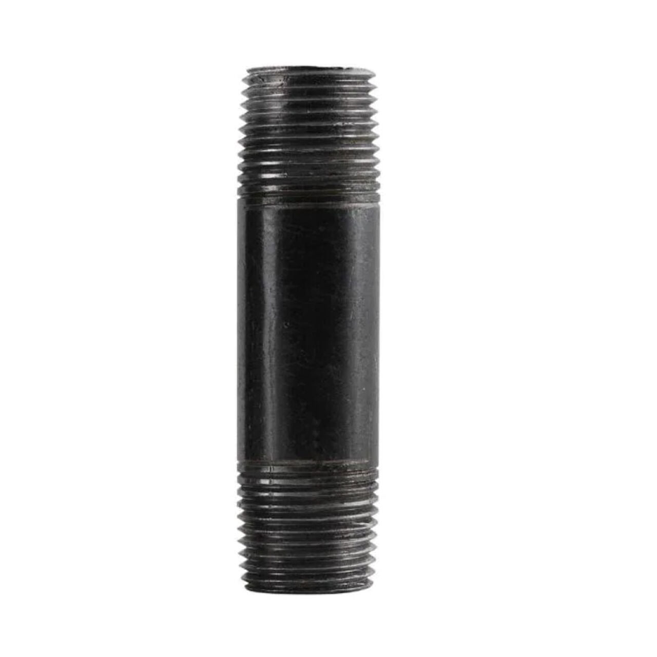 The Go Build 3/4 in. x 3 in. Black Steel Nipple has threaded ends and a smooth center, making it ideal for joining steel pipes in plumbing or industrial applications. Shown vertically against a white background.