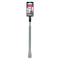 The DIABLO DMAPLCH2010 Dual-Tooth Flat Chisel, featuring a gray metal blade and black handle, is perfect for concrete work. With product details on the tool itself, it fits SDS-Plus systems and is shown on a white background.
