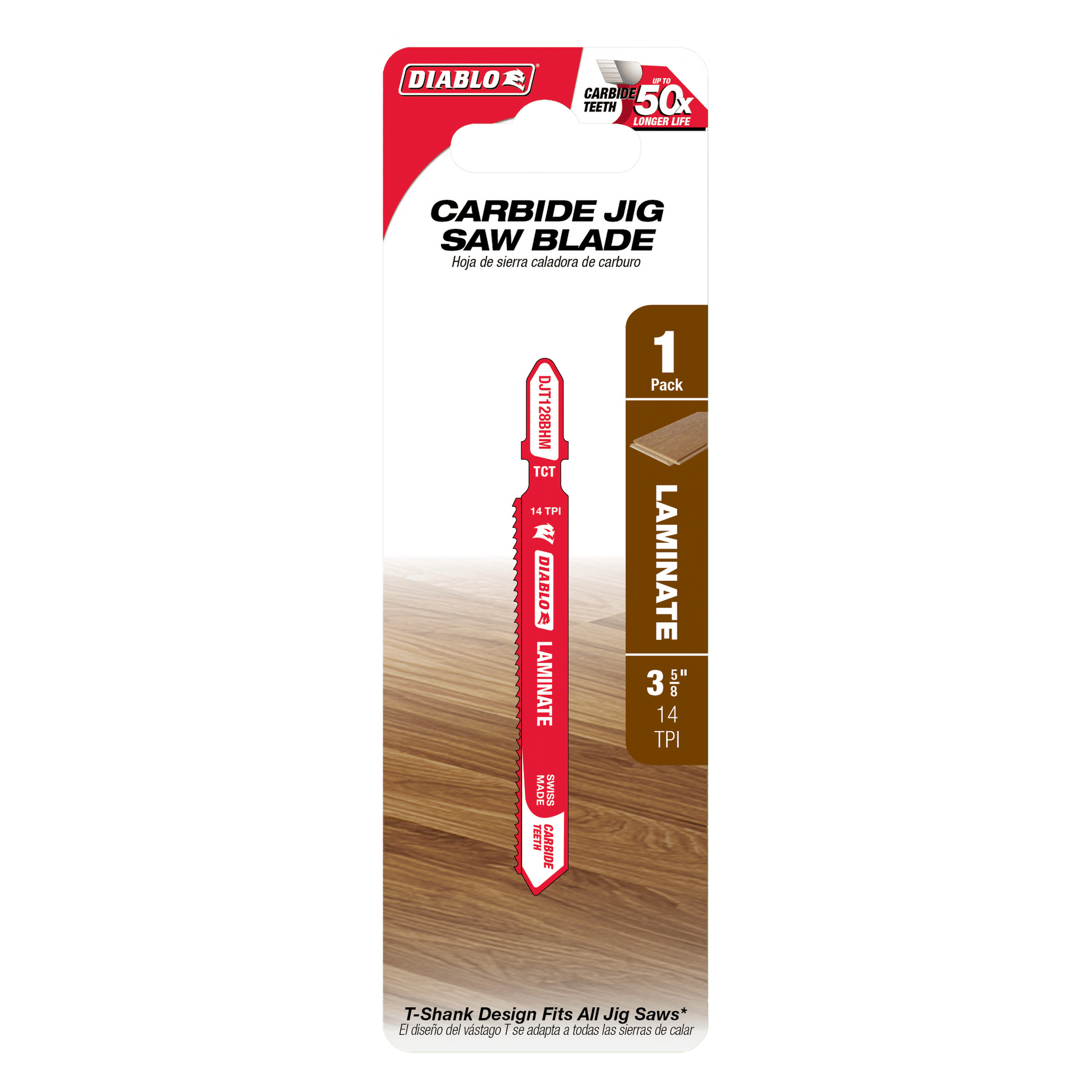 The DIABLO DJT128BHM 3-5/8 in. 14 TPI carbide jig saw blade by Diablo is ideal for laminate flooring. It features a red and white design, fits all T-shank jigsaws, and comes in a 1 Pack. Its bi-directional tooth ensures efficient, precise cuts.