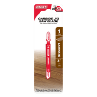 The DIABLO DJT128BHM 3-5/8 in. 14 TPI carbide jig saw blade by Diablo is ideal for laminate flooring. It features a red and white design, fits all T-shank jigsaws, and comes in a 1 Pack. Its bi-directional tooth ensures efficient, precise cuts.