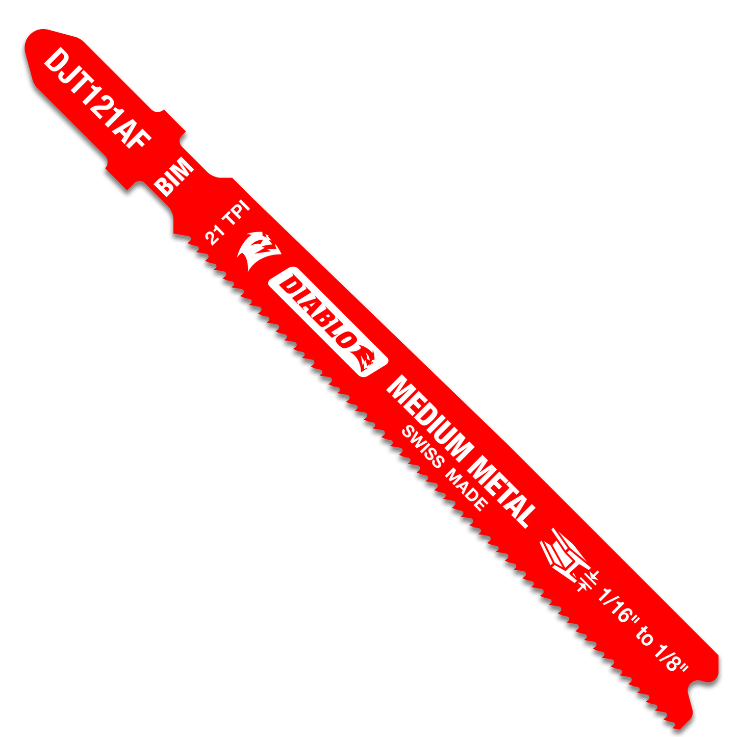 Image of a red Diablo DJT121AF jig saw blade labeled Swiss Made with ultra-hardened cutting edge, bi-metal teeth, Perma-SHIELD® coating, and 21 TPI for 1/16 to 1/8 inch metal cutting. Background transparent.