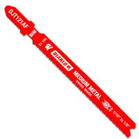 Image of a red Diablo DJT121AF jig saw blade labeled Swiss Made with ultra-hardened cutting edge, bi-metal teeth, Perma-SHIELD® coating, and 21 TPI for 1/16 to 1/8 inch metal cutting. Background transparent.