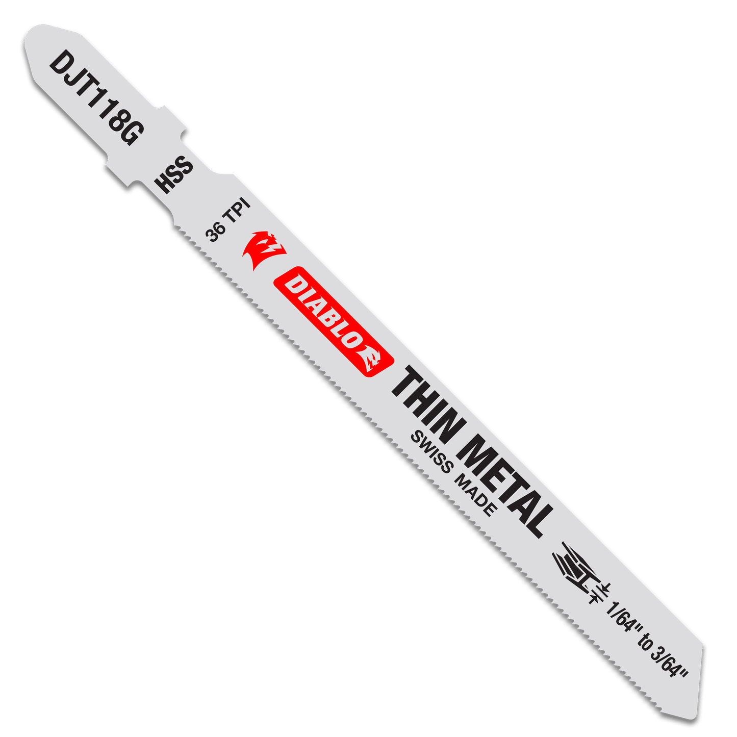 The image displays a Diablo DIABLO DJT118G5 jigsaw blade designed for thin metal, featuring 36 TPI and made from high-speed steel. Its light gray with red and black text and comes in a pack of five.