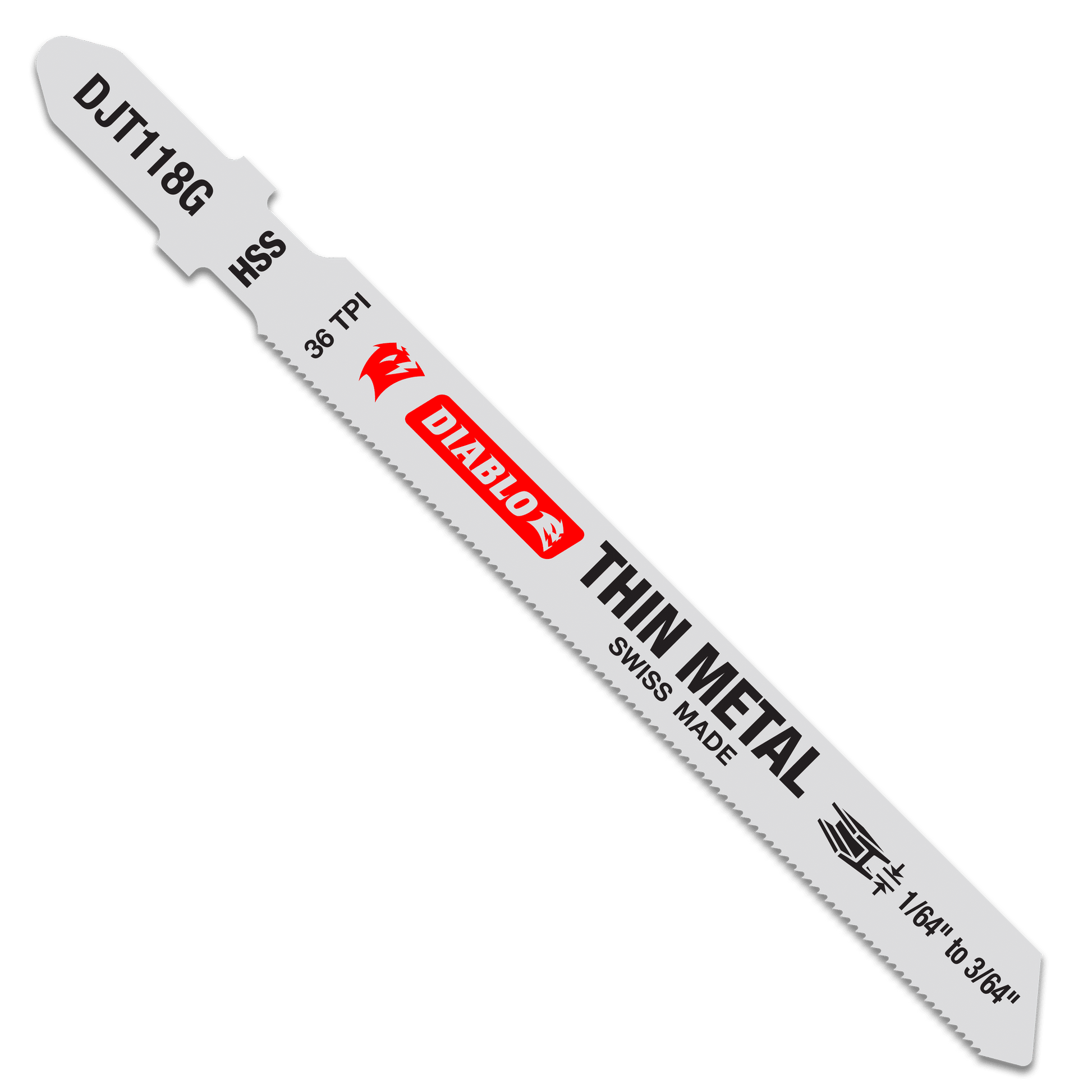 The image displays a Diablo DIABLO DJT118G5 jigsaw blade designed for thin metal, featuring 36 TPI and made from high-speed steel. Its light gray with red and black text and comes in a pack of five.
