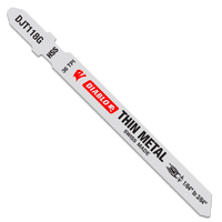 The image displays a Diablo DIABLO DJT118G5 jigsaw blade designed for thin metal, featuring 36 TPI and made from high-speed steel. Its light gray with red and black text and comes in a pack of five.