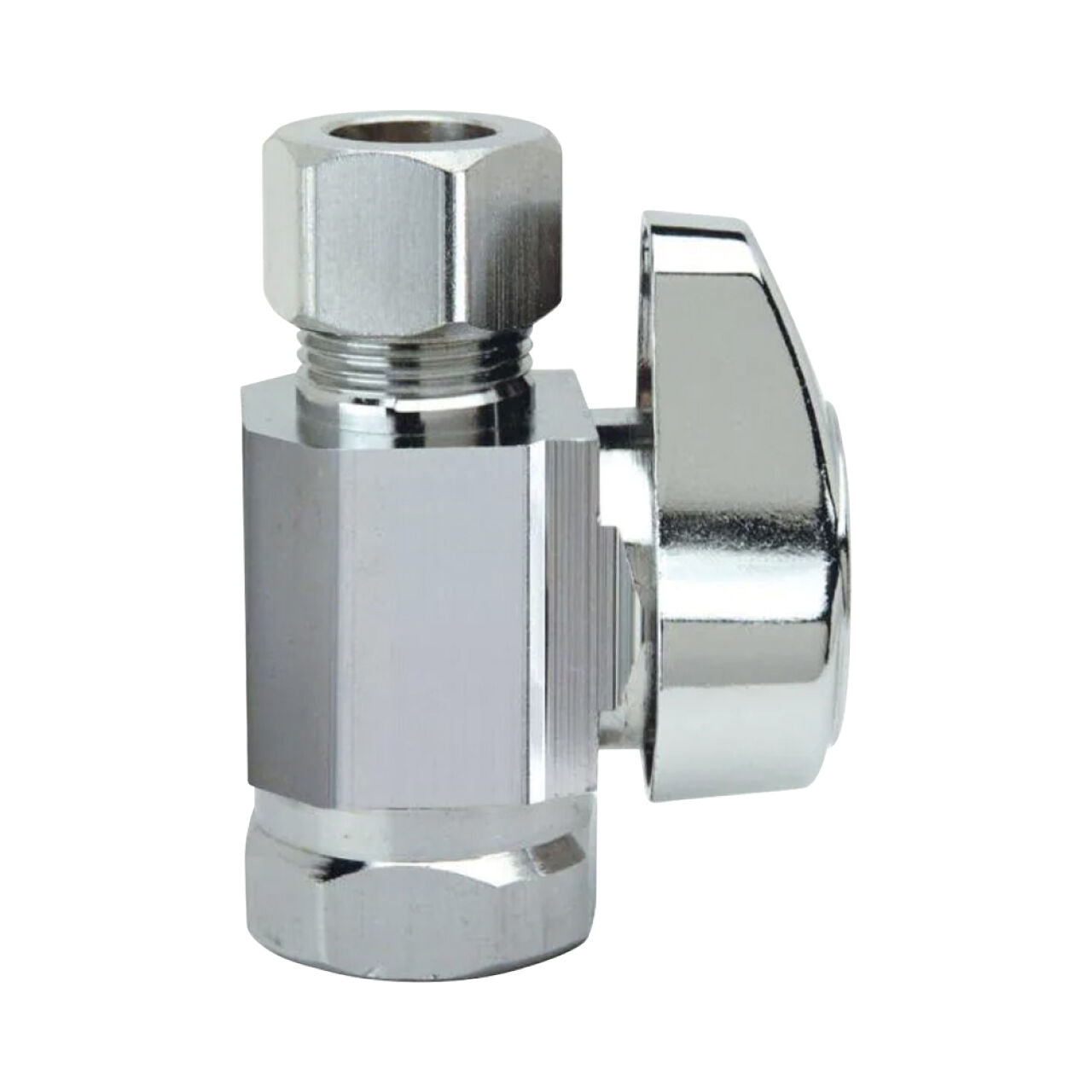 The Go Build 3/8 in. FIP Inlet x 3/8 in. Compression Outlet 1/4-turn straight valve in chrome has hexagonal nuts, a round flat handle, and is shown against a white background. Brand: Go Build, The Fastest Way To Build.