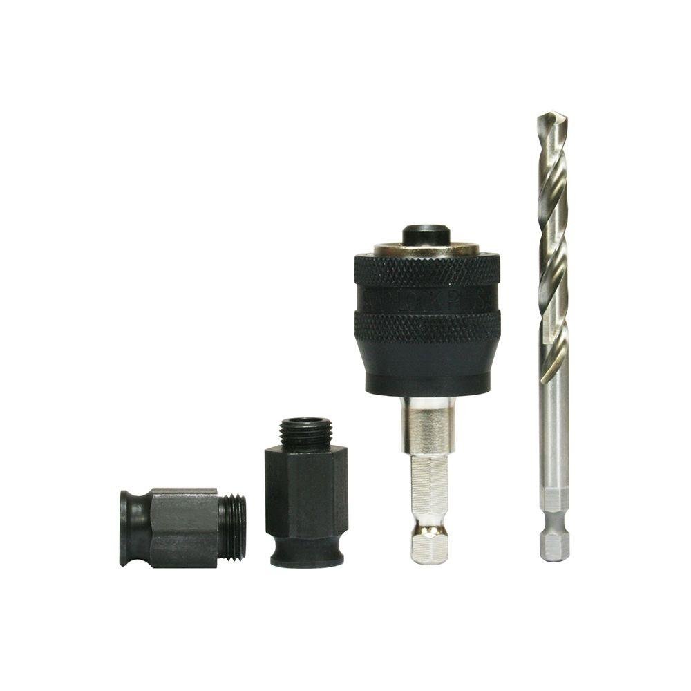 The Diablo DIABLO DHSAR375 3/8 In. Snap-Lock Plus™ Mandrel System includes a drill bit, mandrel, and two attachments. The metallic components ensure cutting performance, while the adapter has a black textured grip, all set against a white background.