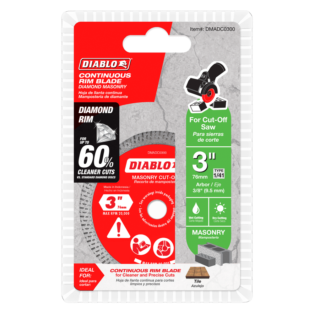 The image depicts the DIABLO DMADC0300 diamond continuous rim masonry cut-off disc by Diablo, featuring a 3-inch diameter and a 1/4-inch arbor, designed for precise cuts on tile and stone with claims of achieving 60% cleaner results.