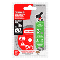 The image depicts the DIABLO DMADC0300 diamond continuous rim masonry cut-off disc by Diablo, featuring a 3-inch diameter and a 1/4-inch arbor, designed for precise cuts on tile and stone with claims of achieving 60% cleaner results.