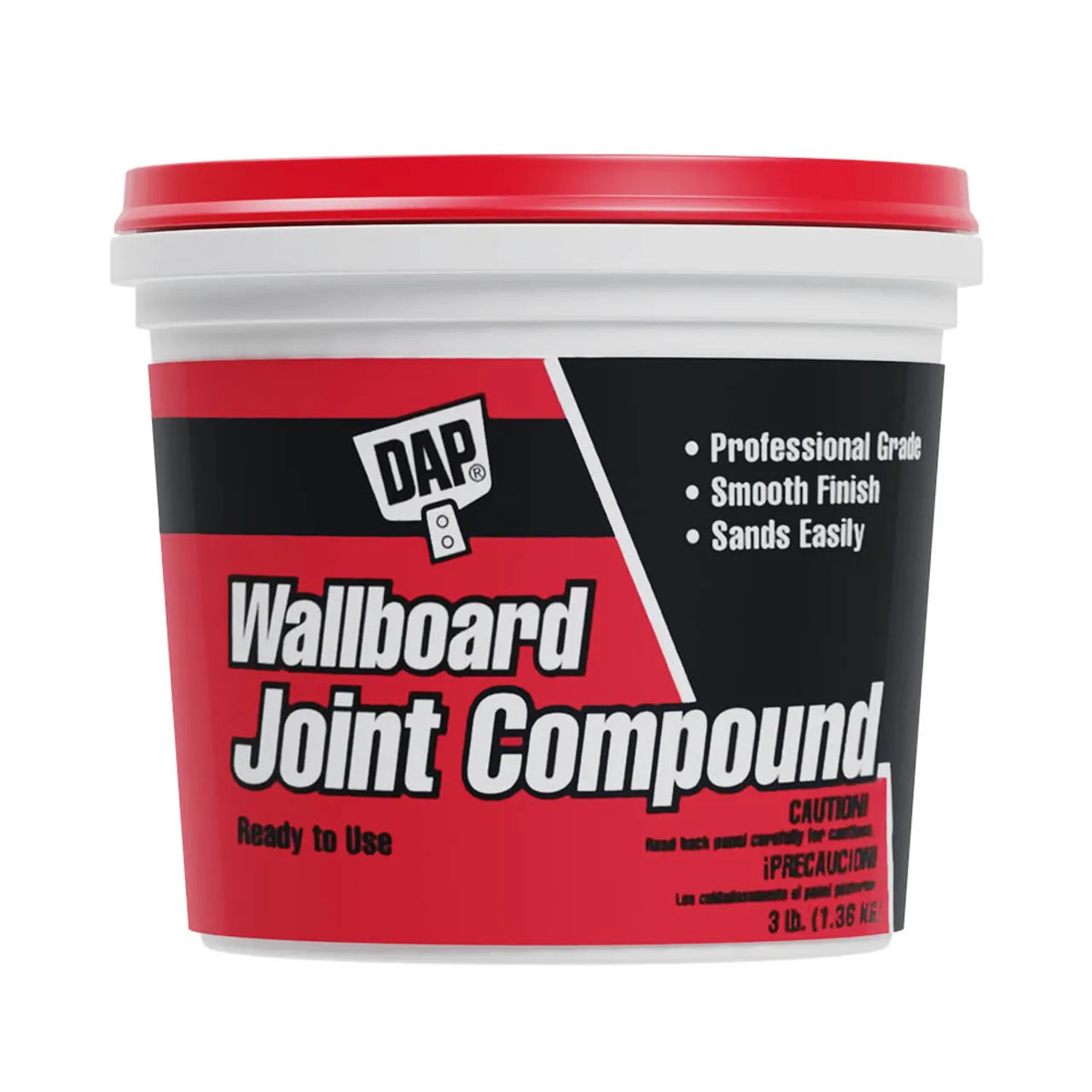 The Go Build 3 lb. DAP Lightweight Wallboard Joint Compound - Pre-Mixed delivers a professional-grade, smooth finish for gypsum panel joints and sands easily. Comes in a plastic tub with red lid and label.