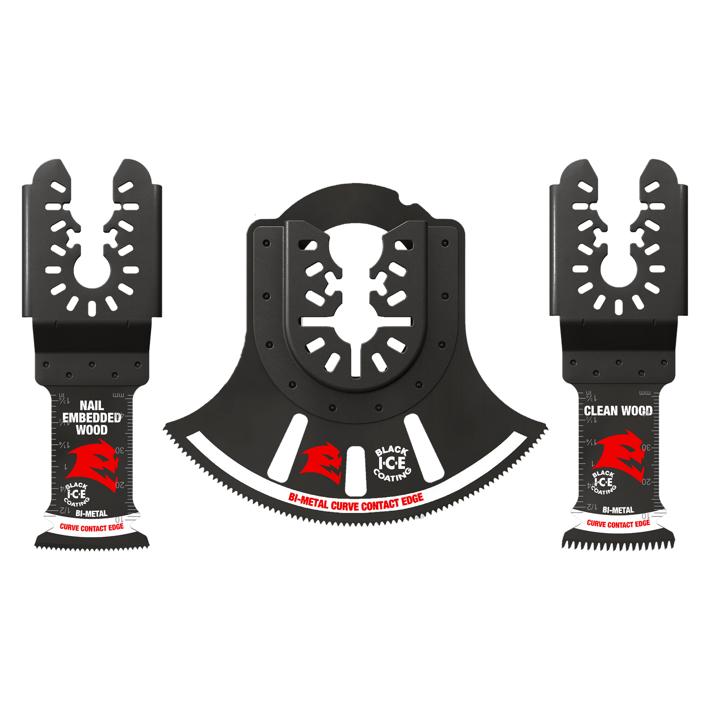 The DIABLO DOU3BS 3-Piece Universal Fit Bi-Metal Oscillating Blade Set by Diablo includes black and red blades: one for nail-embedded wood, a multi-tool blade for clean wood, and a larger bi-metal blade with a curved edge, all set against a light green background.