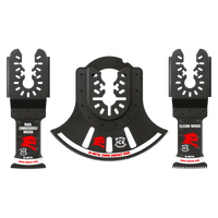 The DIABLO DOU3BS 3-Piece Universal Fit Bi-Metal Oscillating Blade Set by Diablo includes black and red blades: one for nail-embedded wood, a multi-tool blade for clean wood, and a larger bi-metal blade with a curved edge, all set against a light green background.