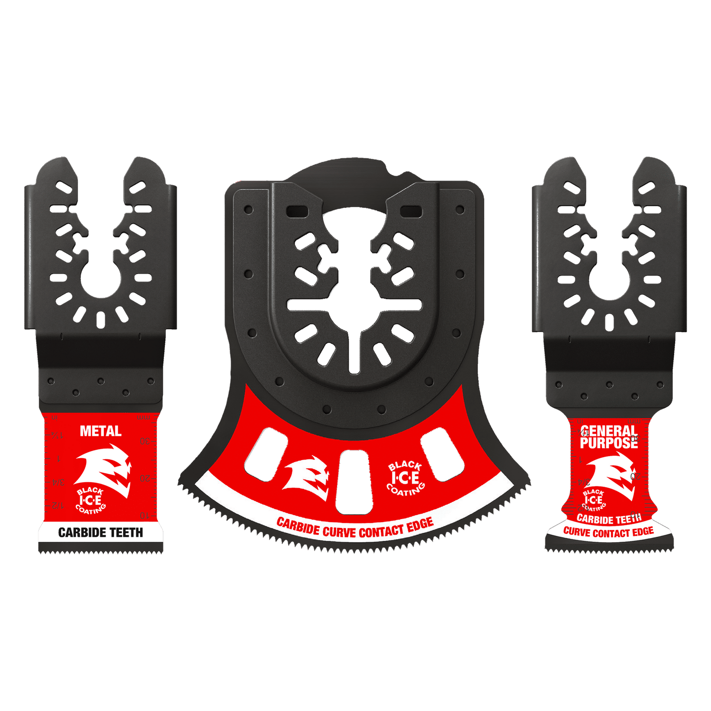 The DIABLO DOU3CS 3-Piece Universal Fit Carbide Oscillating Blade Set features two smaller black-and-red blades labeled Metal and General Purpose, and a larger semicircular blade labeled Carbide Curve Contact Edge, all adorned with a stylized Diablo logo.