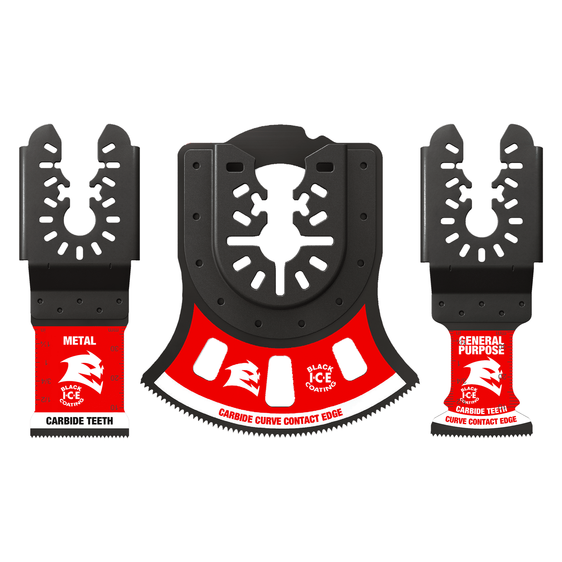 The DIABLO DOU3CS 3-Piece Universal Fit Carbide Oscillating Blade Set features two smaller black-and-red blades labeled Metal and General Purpose, and a larger semicircular blade labeled Carbide Curve Contact Edge, all adorned with a stylized Diablo logo.