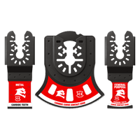 The DIABLO DOU3CS 3-Piece Universal Fit Carbide Oscillating Blade Set features two smaller black-and-red blades labeled Metal and General Purpose, and a larger semicircular blade labeled Carbide Curve Contact Edge, all adorned with a stylized Diablo logo.