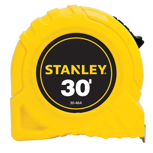 A yellow STANLEY 30 ft Tape Measure features a black circular center label displaying STANLEY 30 and the model number 30-464.