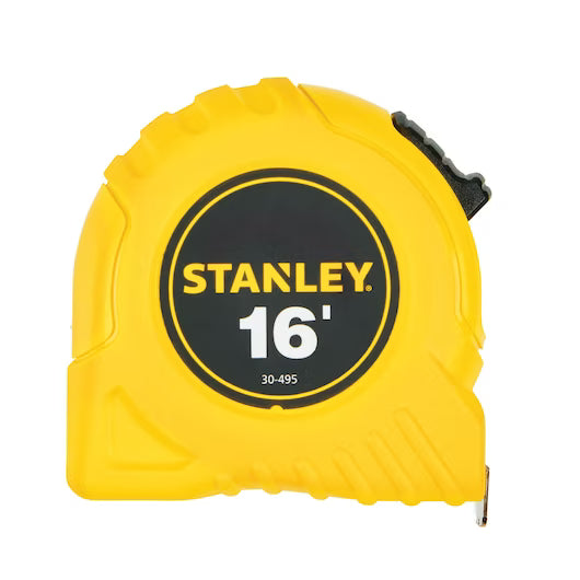 A yellow STANLEY 16 ft Tape Rule with a black center label is retracted and displayed against a white background.