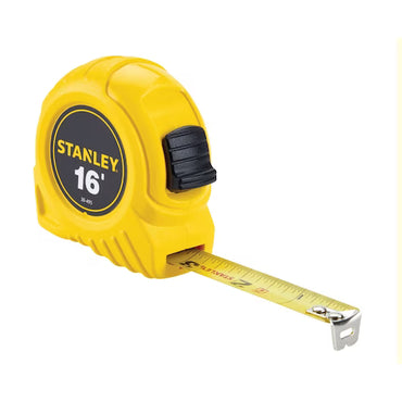 A durable STANLEY 16 ft Tape Rule in yellow with a black and yellow casing and top locking button, partially extended—a reliable measuring tool for any project.