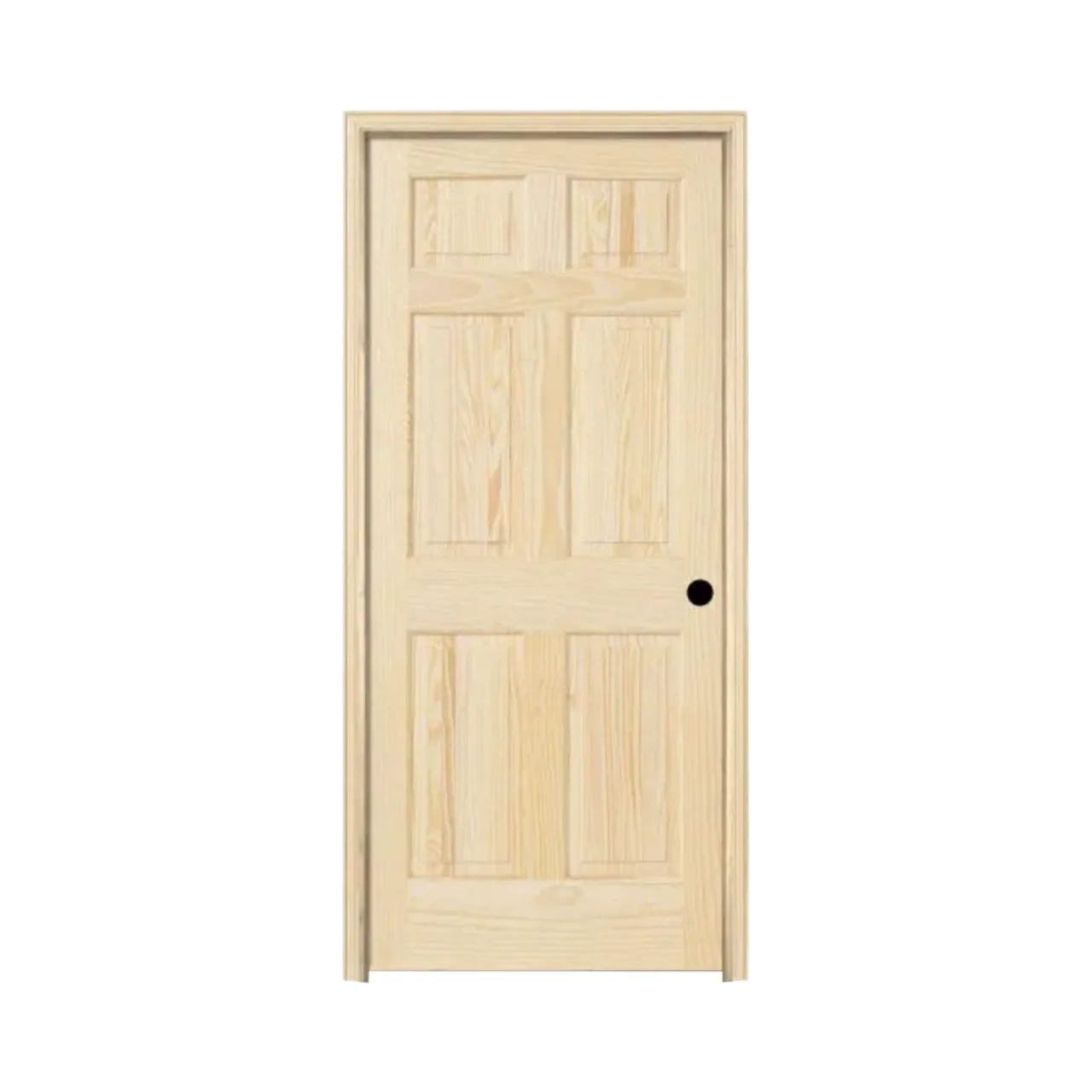 A 30 in. x 80 in. Go Build 6 Panel Left-Hand Prehung Door, made of unfinished pine, stands upright with a single round knob hole, set against a white background.