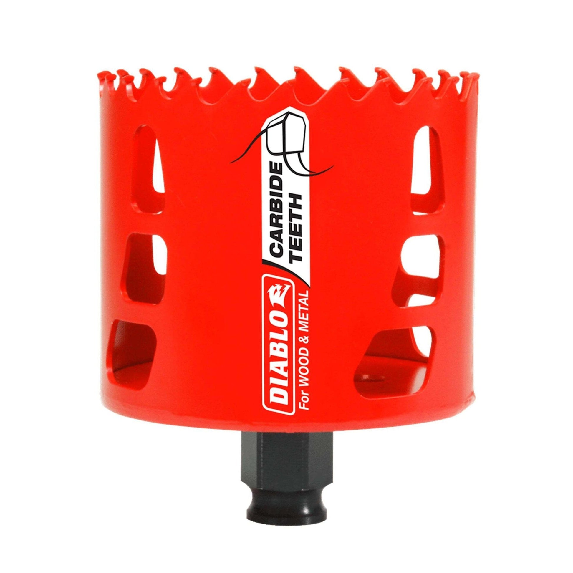 The DIABLO DHS3000CT 3 in. Carbide Teeth Hole Saw, with its jagged teeth and black attachment section, enhances productivity and ensures faster cutting through wood and metal, making it ideal for efficient boring.