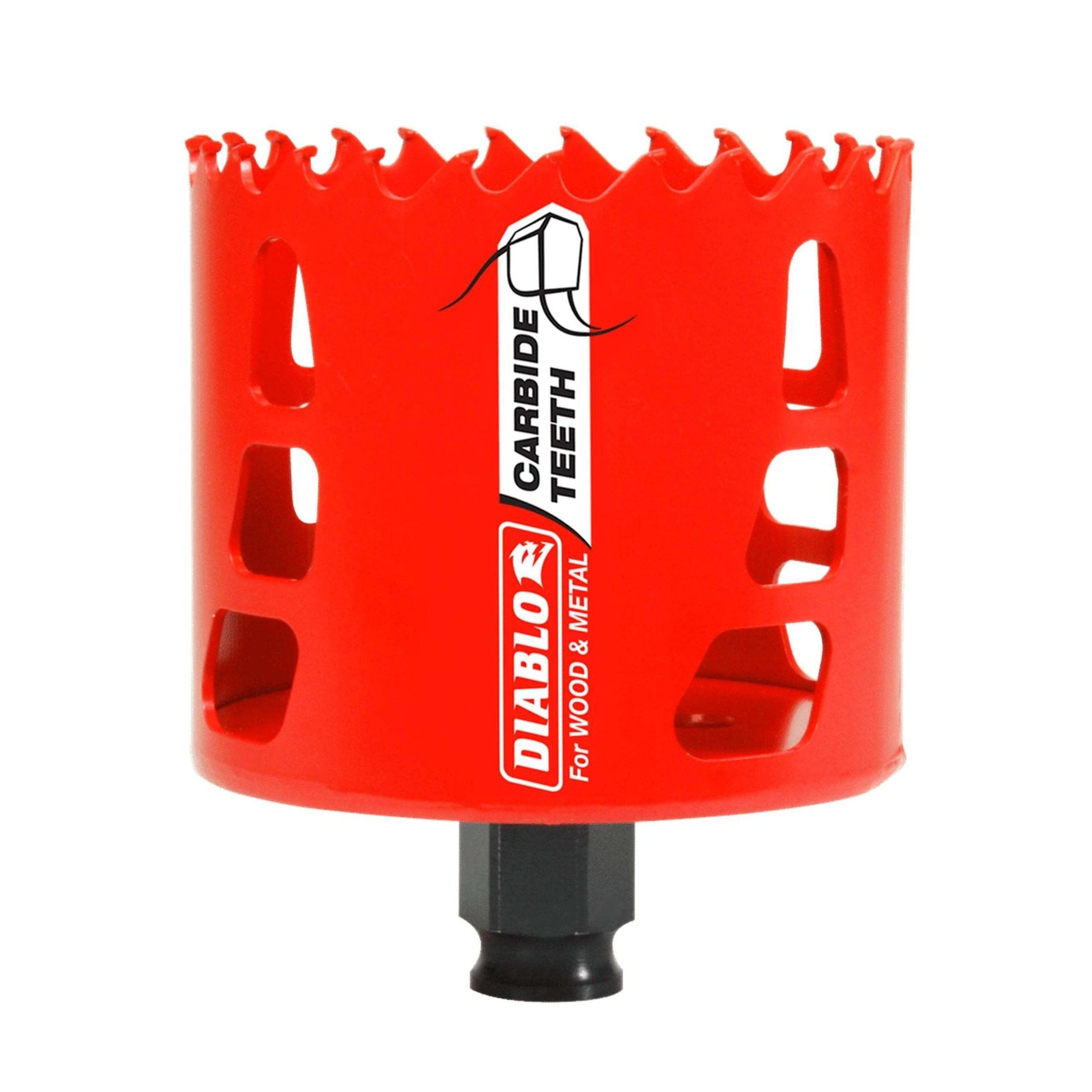 The DIABLO DHS3000CT 3 in. Carbide Teeth Hole Saw, with its jagged teeth and black attachment section, enhances productivity and ensures faster cutting through wood and metal, making it ideal for efficient boring.