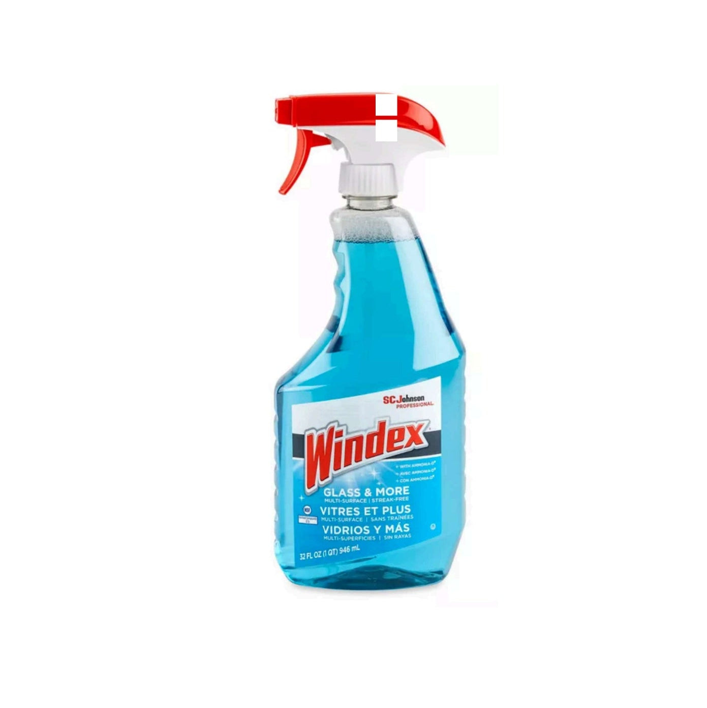 A 32 oz. WINDEX 322338 Glass & More Cleaner with blue liquid, a red and white trigger nozzle, and label in English, French, and Spanish for streak-free shine.