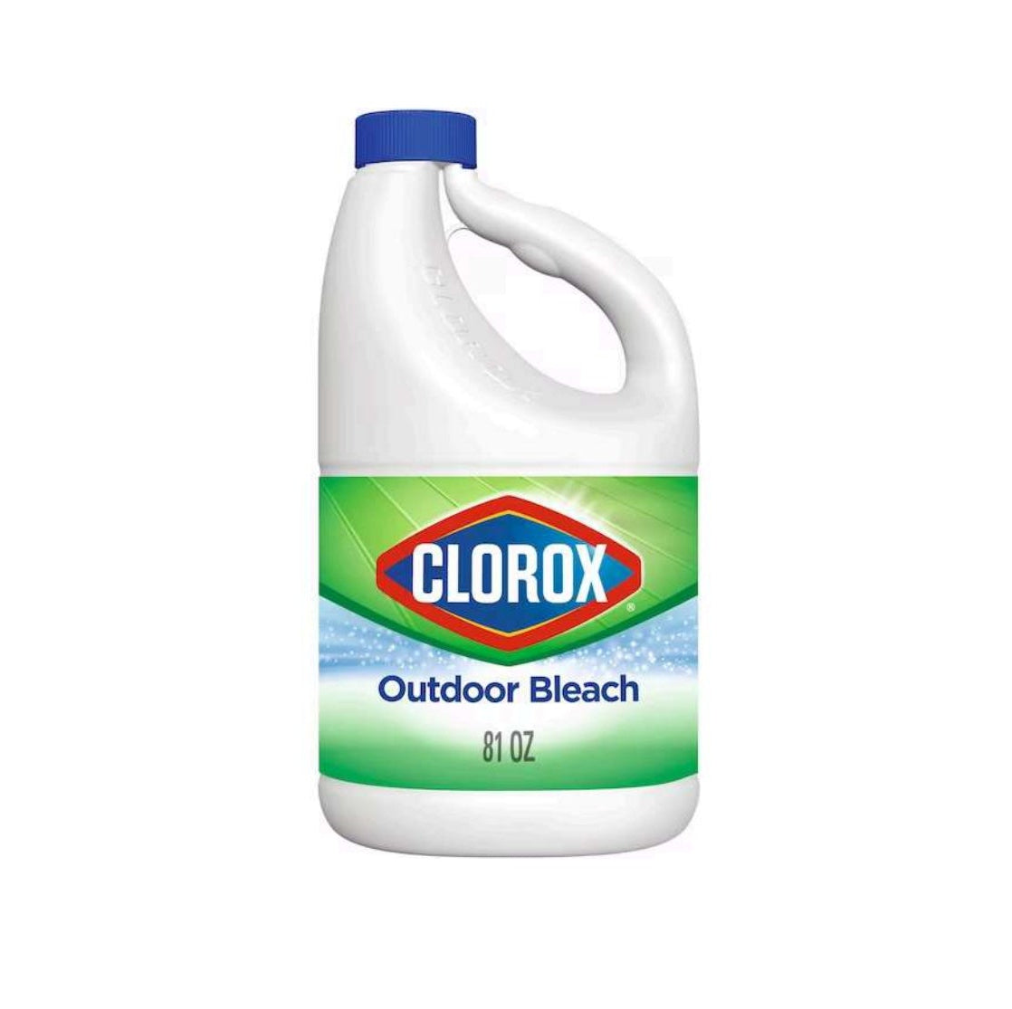 The CLOROX 32438 81 oz. Pro Outdoor Bleach Concentrate features a white body, blue label, red CLOROX logo, and white handle, and kills 99.9% of germs for powerful outdoor cleaning. Displayed on a white background.