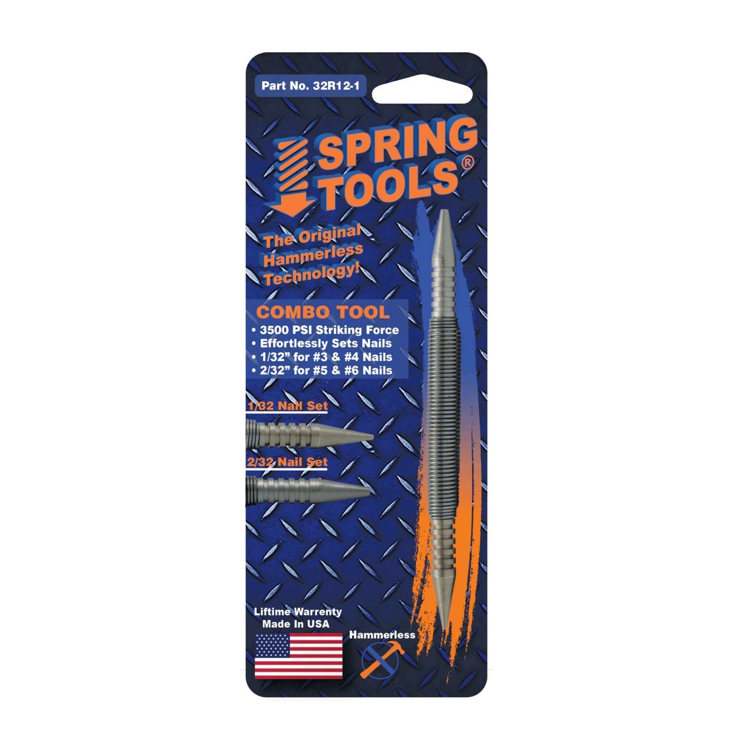 The SPRING TOOLS 32R12-1 Combination Center Punch & 1/32 in. & 2/32 in. Nail Set comes in original packaging with a diamond plate design, features a US flag and "Made in USA," and delivers 3500 PSI for precise, professional results.