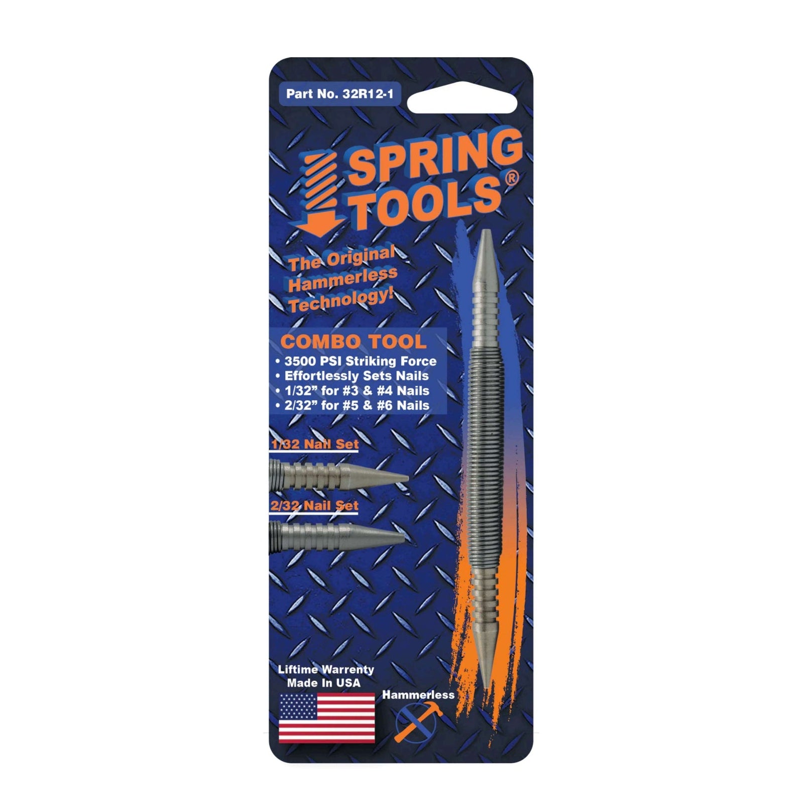 The SPRING TOOLS 32R12-1 Combination Center Punch & 1/32 in. & 2/32 in. Nail Set comes in original packaging with a diamond plate design, features a US flag and "Made in USA," and delivers 3500 PSI for precise, professional results.