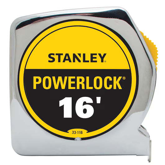 The STANLEY 16 ft PowerLock® Tape Measure features a chrome case and yellow-black label, offering durability and easy measurement for daily tasks.